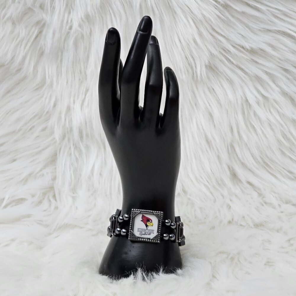 💥Illinois State Redbirds Vintage Gun Metal Silver Tone Stretch Panel Bracelet